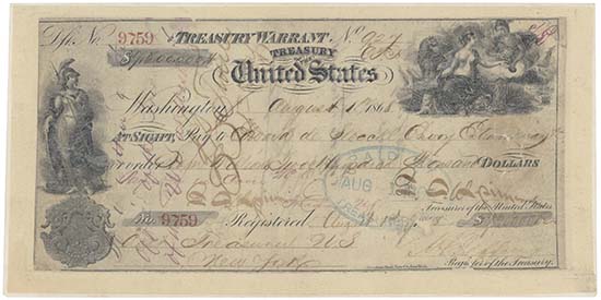 The Treasury Warrant in the amount of USD 7,200,000 for the purchase of Alaska, August 1, 1868. Reproduced by kind permission of the National Archives and Records Administration, Washington, DC.