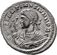 Fig. 4: CONSTANTINUS II, 337-340. Follis, Trier, 321. Laureate bust with globe to the left, on the globe Victoria crowning the Emperor. Rev. Altar with the inscription VOTIS XX, globe on top of it. RIC - (cf. 312). 2.64 g. From auction sale Numismatik Lanz 100 (2000), 560.