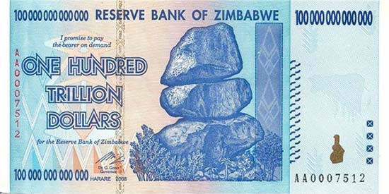 100 trillion dollars printed in 2008, put in circulation in January 2009. Source: Wikipedia.