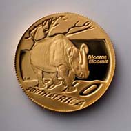 The 1/2oz 2010 coin, one of the gold coins within the Endangered Wildlife Trust Rhino Gold set.