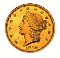 1849 $20 pattern - Courtesy of the Smithsonian Institution?s National Numismatic Collection.
