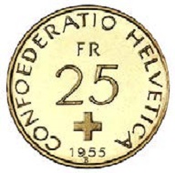 The newly designed 25-francs-coin.