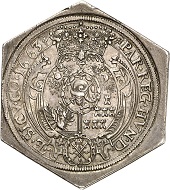 No. 1267: Transylvania. Michael Apafi, 1661-1690. Hexagonal reichstaler klippe 1663, Arx Fogaras. Extremely rare. Extremely fine. Estimate: 30,000 euros.