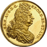 No. 2340: Brunswick-Calenberg-Hannover. Ernst August, 1679-1698. Gold offstrike of the taler die, no date (1691), Zellerfeld. Extremely rare. Nearly FDC. Estimate: 25,000 euros.