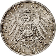 No. 5064: German Empire. Bavaria. Ludwig III, 1913-1918. 3 mark 1918. On the golden wedding of the Bavarian royal couple. Very rare. Extremely fine to FDC. Estimate: 30,000 euros.