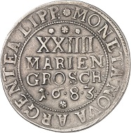 No. 4160: Lippe. Simon Heinrich, 1666-1697. 24 mariengroschen (2/3 taler) 1683 (struck in 1683/84), Detmold. Very rare. Very fine. Estimate: 5,000 euros.