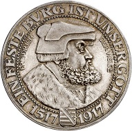 No. 5240: German Empire. Saxony. Friedrich August III, 1904-1918. 3 mark 1917. Friedrich der Weise. Rarest silver coin of the German Empire. Extremely fine to FDC. Estimate: 50,000 euros.