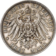 No. 5240: German Empire. Saxony. Friedrich August III, 1904-1918. 3 mark 1917. Friedrich der Weise. Rarest silver coin of the German Empire. Extremely fine to FDC. Estimate: 50,000 euros.