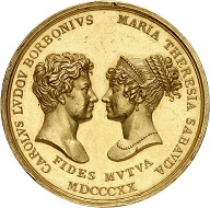 No. 6161: Sardinia. Vittorio Emanuele I, 1802-1821. Gold medal at the weight of 15 dukats 1820 by A. Lavy on the marriage of his daughter Maria Theresia with Karl Ludwig of Bourbon. Extremely rare. Extremely fine. Estimate: 25,000 euros.