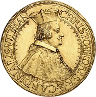 No. 6419: Austrian Mediatized Houses. Ortenburg. Christoph Widmann, Cardinal 1640-1660. 5 ducats 1656, St. Veit. Very rare. Extremely fine. Estimate: 20,000 euros.