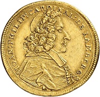 No. 6645: Passau. Johann Philipp von Lamberg, 1689-1712. 2 ducats 1701, Augsburg. Extremely rare. Nearly extremely fine. Estimate: 20,000 euros.