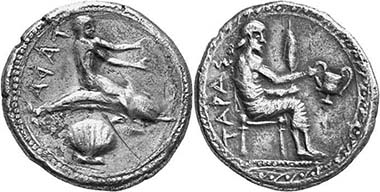 Tarentum. Stater, flattened. Vlasto, Oikistes 1A, a. From auction LHS 95 (2005), 433.