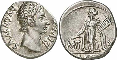 Augustus, denarius, 15 B. C., Lugdunum. Rev. Apollon of Actium with lyra and plectrum. RIC 171a. From auction Gorny & Mosch 186 (2010), 1856.