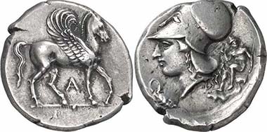 Ambracia, Stater, c. 404-360. Av. Pegasos r., below A. Rev. Head of Athena with Corinthian helmet l., in front of it snake coiling round a turtle, behind that nude hero. Cal. 86. From auction Gorny & Mosch 155 (2007), 87.