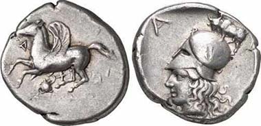 Ambracia. Stater, 360-338. Pegasos l., below A; under the trunk snake coiling round a turtle. Rev. Head of Athena with Corinthian helmet l., above attacking bull. Cal. 4/2. From auction Gorny & Mosch 151 (2006), 153.