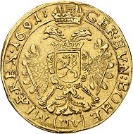 No. 6275. Holy Roman Empire. Leopold I, 1657-1705. 5 ducats 1691, Prague. Very rare. Very fine+. Estimate: 10,000 euros. Price realized: 100,000 euros.