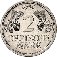 No. 5561. Germany. Essay of 2 DM 1950, D, rye stalks, cupro-nickel of Jäger 386. Estimate: 1,500 euros. Price realized: 9,500 euros.