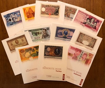 The covers of the some of The Banknote Book’s chapters. In response to customer demand, select chapters of The Banknote Book are now available in print. Photo: Owen W. Linzmayer.