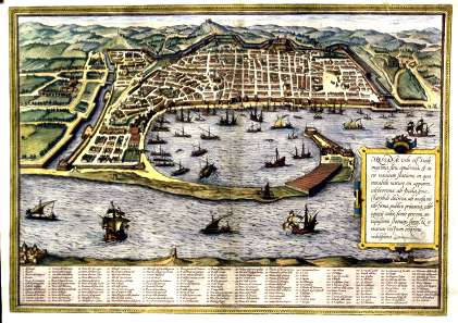 Engraving of the city Messina by G. Braun & F. Hogenberg from the year 1572.