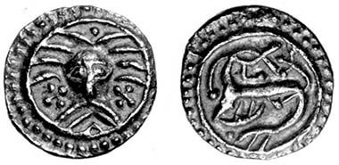 Wodan-head sceat, Denmark, c.AD 710-740, Series X, type 31. Found in Essex, 1997. Source: Chris Rudd.