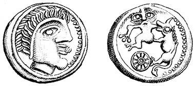 Odin with an eye in his mouth, Fenrir with Tyr's arm in his jaws? Cast potin of the Suessiones, c.60-30 BC, LT 9194. Was Odin's Eye copied from it? Both coins have a spoked sun-wheel. Source: H.de La Tour, Atlas de monnaies gauloises, 1892.