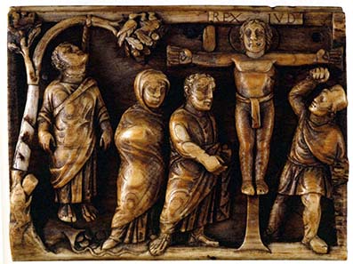 Christ was hanged on a cross, Odin on a tree. Both resurrected, both had the insight of a 'single eye' and both had followers in East Anglia, where Odin's Eye had been minted 700 years earlier. Relief from Roman ivory casket, c. AD 425.