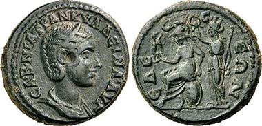 Edessa (Macedonia). Gordian III. Bronze. Av. Tranquillina. Rev. Roma l. sitting, city goddess of Edessa behind her, crowning her. From auction Numismatik Lanz 150 (2010), 375.