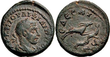 Edessa (Macedonia). Philippus I Arabs. Rev. goat, other unidentifiable animals below. From auction Peus 398 (2009), 642.