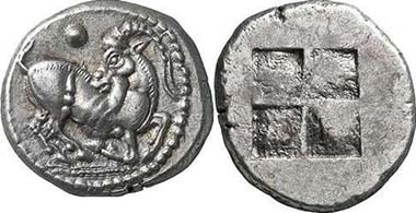Aigai or Macedonian tribe of Mygdones or Krestones. He-goat r. Rev. Quadratum incusum. From Giessener Münzhandlung 146 (2006), 155.