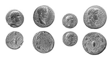 Agrippa's meeting at Tiberias in the Galilee was attended by six rulers of the ancient near east. We can see four of their portraits on the coins they struck (from left): Agrippa I himself, shown on a 21 mm bronze coin struck in Caesarea in 42/43 CE, Hendin-555; his brother, Herod of Chalcis, shown on a 26 mm bronze coin struck circa 43 CE in Chalcis, Hendin-561; Polemo, King of Pontus, shown on a 17.5 mm silver drachma struck in 56/57 CE in Pontus, Hendin-931; and Antiochus IV of Commagene, shown on a 27 mm bronze coin struck in Commagene during his reign (38-72 CE).