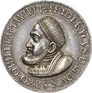 1549: SAXONY. Frederick III the Wise (1486-1525). Partly gilded silver medal 1532. Katz 55 a. Coll. Merseb. 421. Of great rarity, examined original, patina, partly gilded, EF. Price realized: 18,000 Euros.
