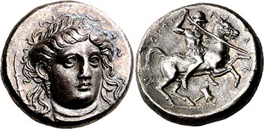 Pherai (Thessaly). Alexander, tyrant 369-358. Head of Ennodia en face. Rev. Alexander riding r. From BCD Coll., auction Nomos AG 4 (2011), 1309