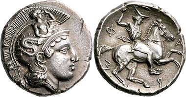 Pharsalos (Thessaly). Drachm, signed by Telephantos, late 5th to middle of 4th cent. B. C. Head of Athena r. Rev. Thessalian rider, flinging the lagobolon. From BCD Collection, auction Nomos AG 4 (2011), 1288.