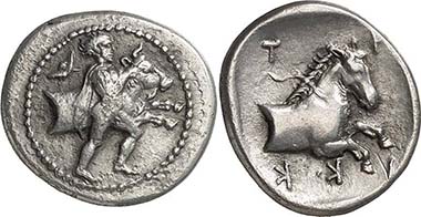 Trikka (Thessaly). Hemidrachm, c. 480-400. Man taming a bull r. Rev. horse protome. From auction Gorny & Mosch 165 (2008), 1243.
