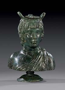 No. 1: Antinoos-balsamarium. Bronze hollow casting, Roman, 2rd cent. A. D. H 21 cm. Estimate: 35,000 Euros. Price realized: 97,750 Euros.