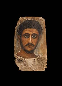No. 50: Mummy portrait. Egypt, 3rd cent. A. D. Portrait of a young man with curly hair and beard. 34.5 x 21. cm. Estimate: 18,000 Euros. Price realized: 69,000 Euros.
