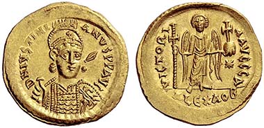 No. 943: BYZANTIUM. Justinian I (527-565). Solidus, Alexandria, 537-540. Rev. VICTORIA AVGGG A / ALEXA OB. 2nd specimen known to exist! Hammer price: 54,000 Euros.