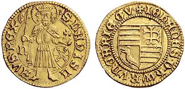 No. 615: HUNGARY. John Hunyadi (Gubernator) (1446 - 1453) Gold gulden n.d. (1446 - 1447), Nagybanya. Saint Ladislaus with battleaxe and imperial orb between mintmarks. Rev. Four-part coat of arms (Hungary/Hunyadi) in border of dots. Pohl G 1-1, Huszar 615. Hammer price: 9,500 Euros.