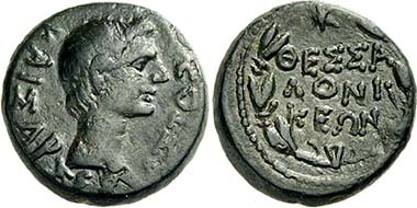 Thessaloniki. Augustus. Bronze, c. 17 B. C. Head of Augustus. Rev. laurel wreath with city name. From auction Lanz 151 (2011), 677.