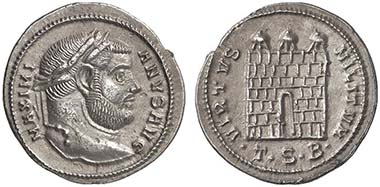 Maximianus Herculius. Argenteus, Thessaloniki, 302. Rev. Storehouse door. From auction Lanz 135 (2007), 932.