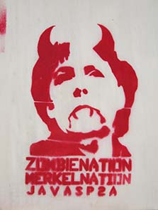 Traces of protest: German chancellor Angela Merkel as vampir. Photograph: KW.