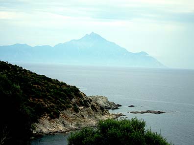 Drive alongside the rocky coastline of Sithonia with a view at Athos. Photograph: KW.