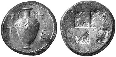 Terone. Tetradrachm, around 480. Oinochoe with vines. From auction Künker 94 (2004), 633.