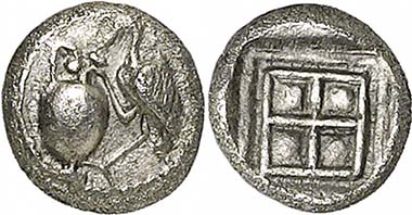 Terone, AR (0.33 g), late 5th cent. B. C. Av. Crane with its head in an oinochoe. From auction Gorny & Mosch 186 (2010), 1230.