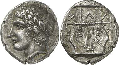 Chalkidian League. Tetradrachm, Olynth, c. 410. Apollon. Rev. Kithara. From auction Gorny & Mosch 195 (2011), 123.