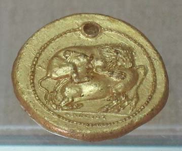 Gold cast of a tetradrachm from Akanthos. Photograph: KW.