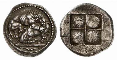 Akanthos. Tetradrachm, 530-480. Lion slaying a bull. Rev. Quadratum incusum. From auction Künker 104 (2005), 148.