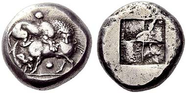 Stageira. Tetradrachm, c. 520-500. Lion slaying a boar. Rev. Quadratum Incusum. From auction NAC 52 (2009), 96.