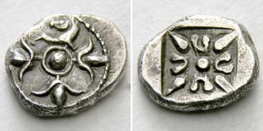 Stageira(?). Trihemiobol, 520-480. Protome of a horse with three blossoms. Rev. Floral ornament. From auction Tkalec AG Mai 2011, 15.