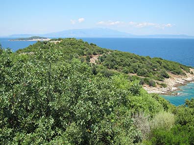 View at the city hill with the ruins of Stageira. Photograph: KW.